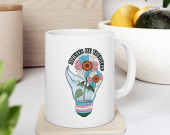 Sunflowers in a Light Bulb Transgender Flag Colors Ceramic Mug Inspirational Enamel Cup Best LGBTQ Pride Month Gift