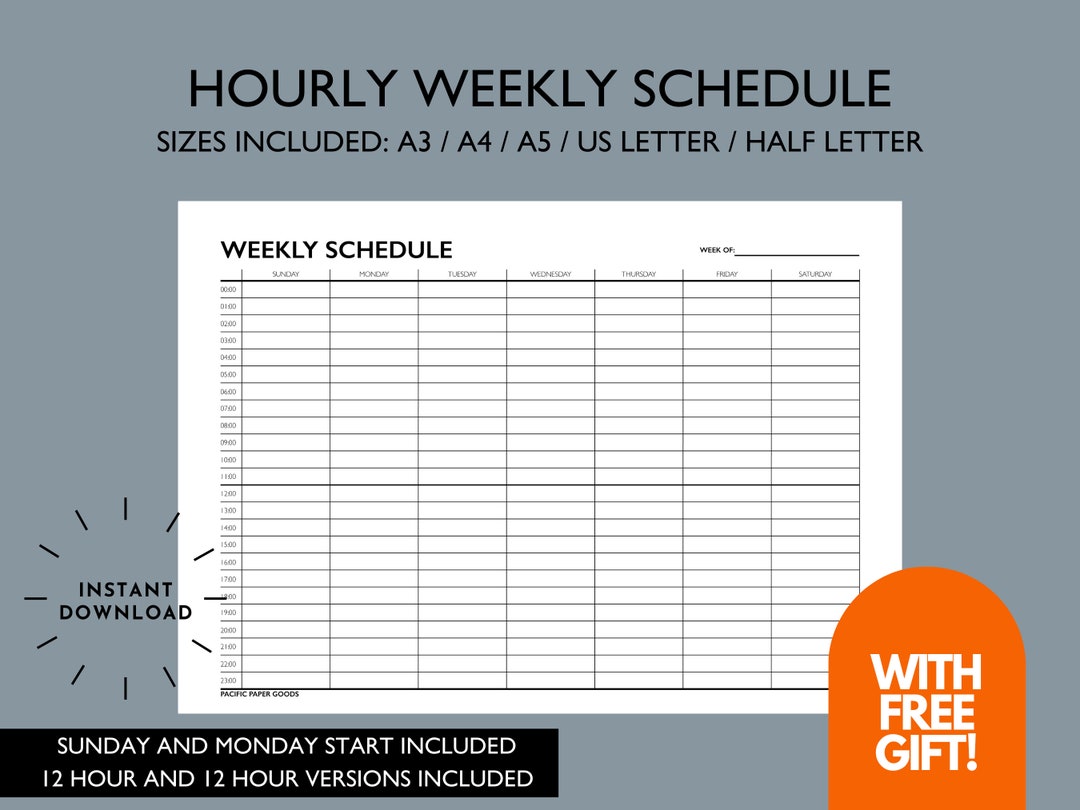 Hourly Weekly Schedule Printable | Blank Weekly Planner (12 and 24 Hour ...