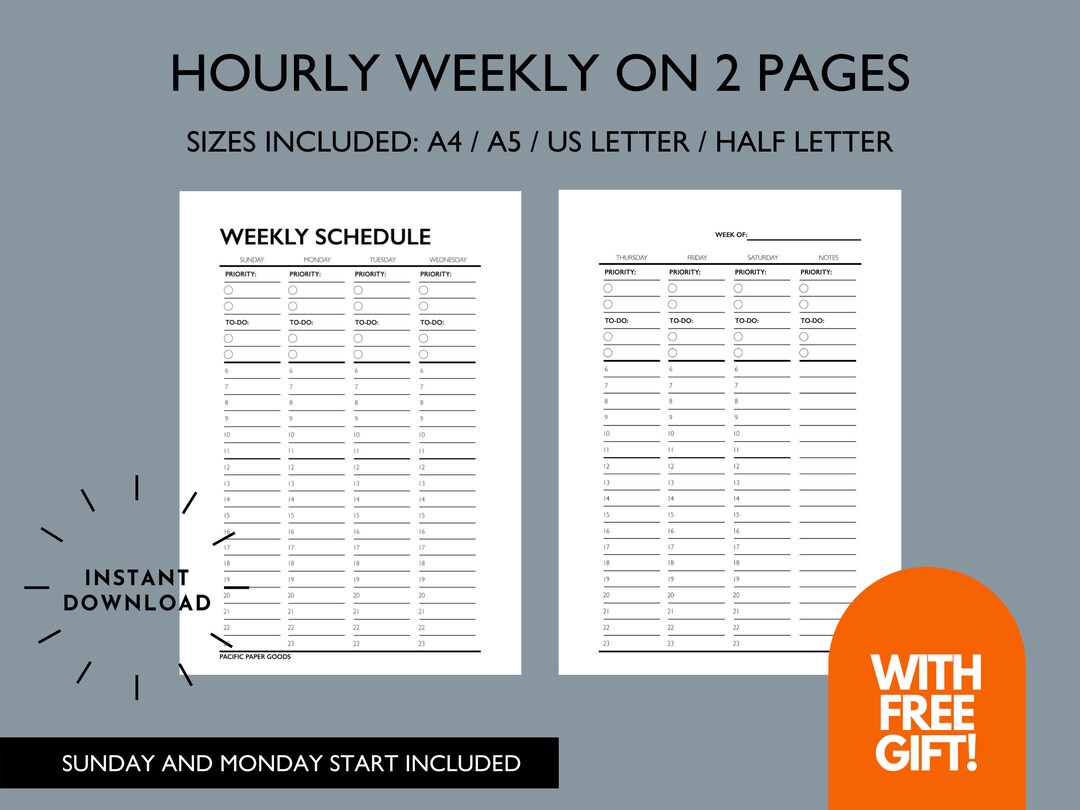 Hourly Weekly Schedule Printable | Blank Weekly Planner (12 and 24 Hour ...