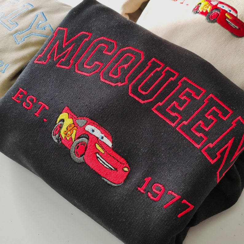 Cars Characters Couple Sweatshirt, Personalized Friend Gift, Cars Lightning Mcqueen and Sally Embroidered Sweatshirt, Cartoon Funny Sweat zdjęcie 3