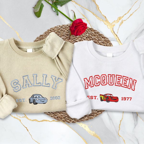 Cars Lightning Mcqueen and Sally Embroidered Sweatshirt, Cars Characters Couple Crewneck, Personalized Friend Gift, Cartoon Funny Sweat