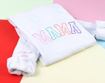 Embroidered Mama Sweatshirt Kid Name on Sleeve, Mothers Day Gift, Mom Hoodie With Name, New Mama Gift, Birthday Gift for Mom, Colorful Mom 1