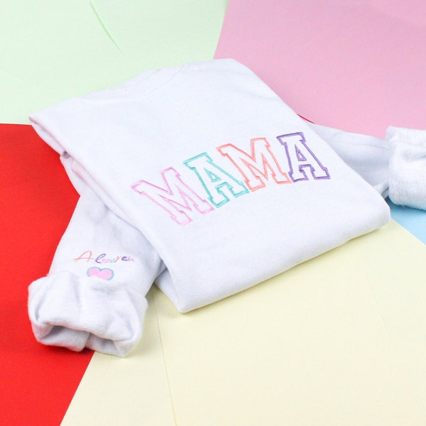 Embroidered Mama Sweatshirt Kid Name on Sleeve, Mothers Day Gift, Mom Hoodie With Name, New Mama Gift, Birthday Gift for Mom, Colorful Mom