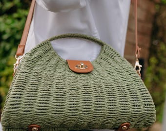 Handwoven Sage Green Straw Bag: Eco-Friendly Beach Tote (16x28cm