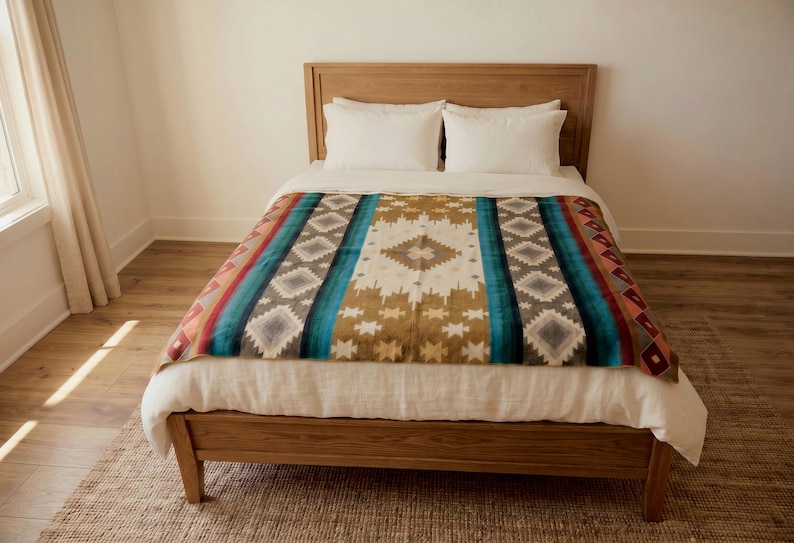 K&ouml;nnte beinhalten: Ein Bett mit Holzrahmen und Kopfteil, bedeckt mit einer wei&szlig;en Bettdecke und einer dekorativen Decke. Die Decke zeigt ein geometrisches Muster in Blaugr&uuml;n, Braun, Creme und Orange mit sich wiederholenden Rauten- und Sternmotiven.