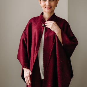 Burgundy Alpaca Poncho: Handmade Ecuadorian Wool Shawl