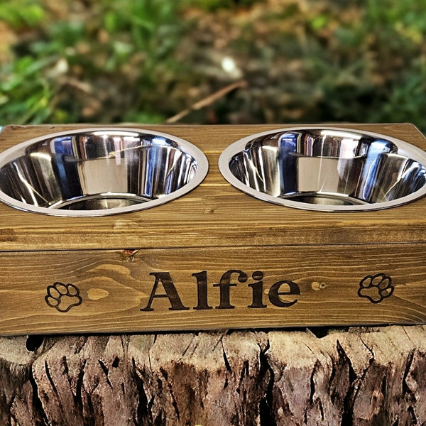 personalised dog bowl, pet feeder, custom dog bowl, engraved dog feeder, pet gift, dog feeding station, bespoke pet feeder, custom pet gift.