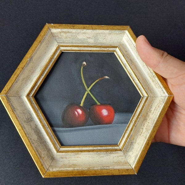 Original Cherry Painting, Oil on Canvas, Fruit Illustration, Home Decor For Kitchen, Framed Wall Art, Photorealistic, Realistic Art