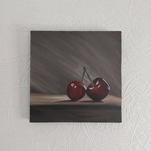 Original Cherry Oil Painting: Photorealistic Fruit Still Life, 8x8