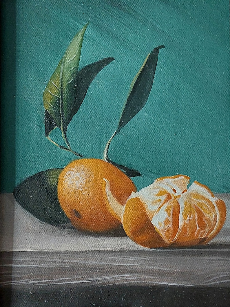 Original Mandarin Painting, Home Decor For Kitchen, Framed Wall Art, Oil on Canvas, Fruit Illustration, Photorealistic, Realistic Art image 5