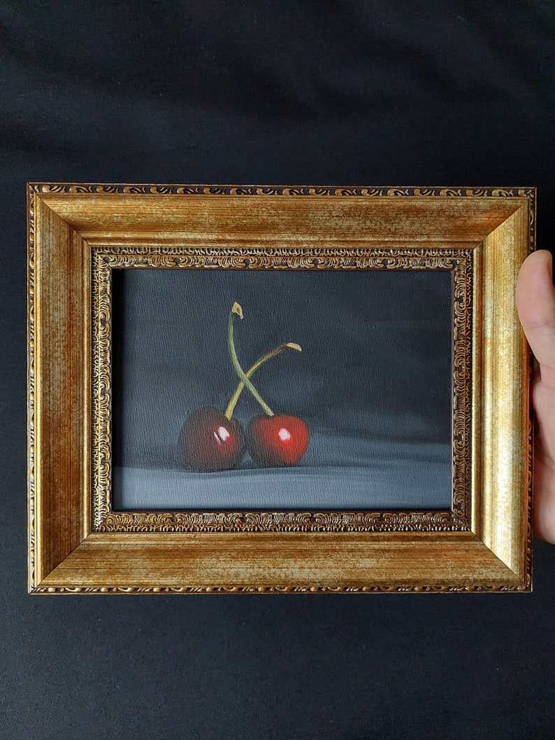 Original Cherry Painting, Oil Painting, Fruit Illustration, Home Decor For Kitchen, Framed Wall Art, Photorealistic, Realistic Art, image 3