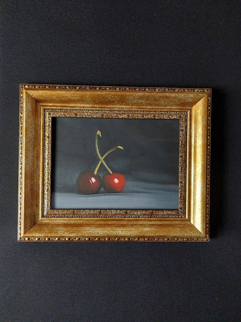 Original Cherry Painting, Oil Painting, Fruit Illustration, Home Decor For Kitchen, Framed Wall Art, Photorealistic, Realistic Art, image 2