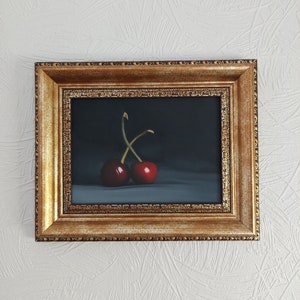 Original Cherry Painting, Oil Painting, Fruit Illustration, Home Decor For Kitchen, Framed Wall Art, Photorealistic, Realistic Art,