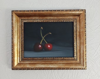 Original Cherry Painting, Oil Painting, Fruit Illustration, Home Decor For Kitchen, Framed Wall Art, Photorealistic, Realistic Art,