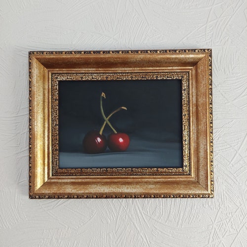 Original Cherry Painting, Oil Painting, Fruit Illustration, Home Decor For Kitchen, Framed Wall Art, Photorealistic, Realistic Art,