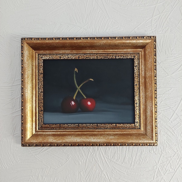 Original Cherry Oil Painting: Framed Kitchen Wall Art (10x8 inch)