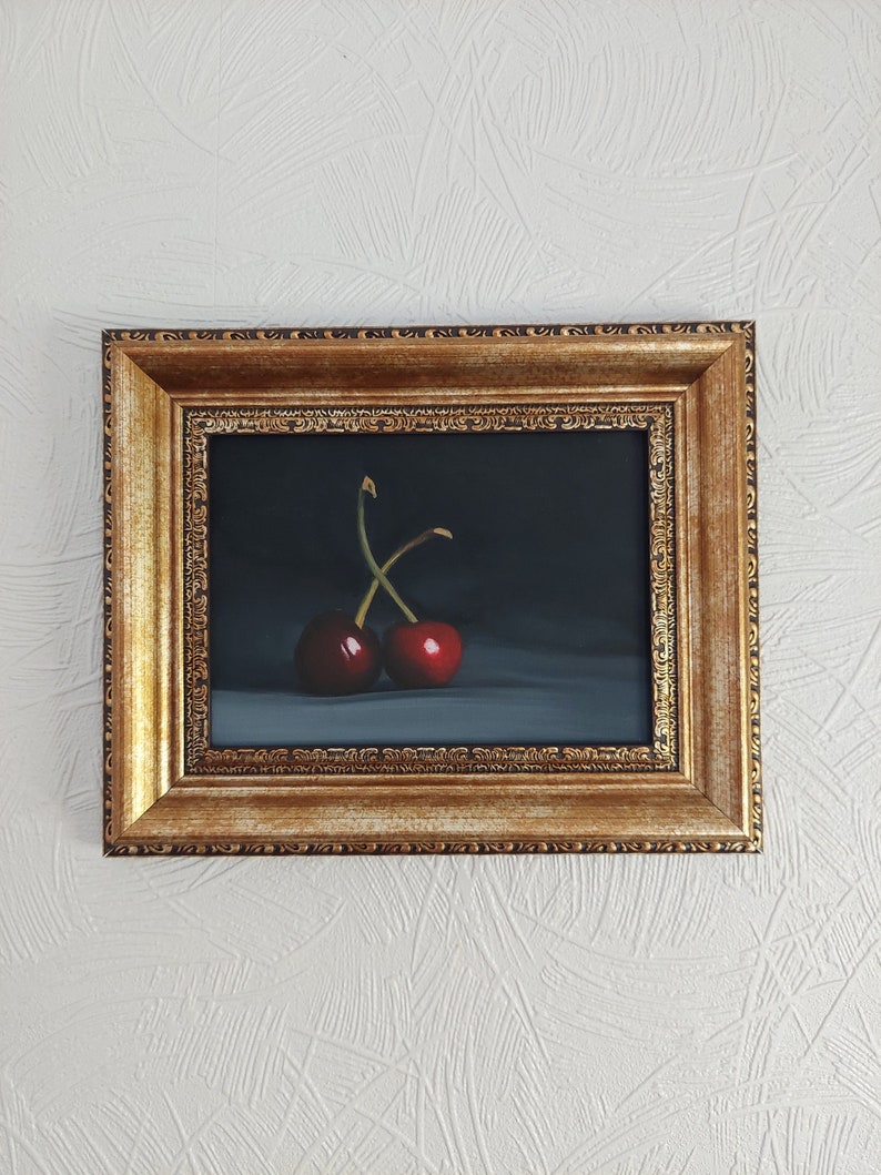 Original Cherry Painting, Oil Painting, Fruit Illustration, Home Decor For Kitchen, Framed Wall Art, Photorealistic, Realistic Art, image 1