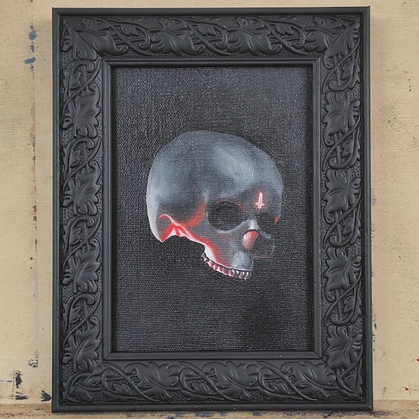 Original Skull Painting, Gothic Oil Painting, Cross Illustration, Home Decor For Room, Framed Wall Art, Photorealistic, Realistic Art,