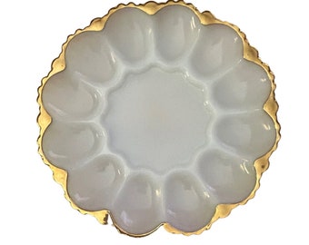 Vintage Anchor Hocking Fire King Milk Glass Deviled Egg serving plate with gold scalloped edge