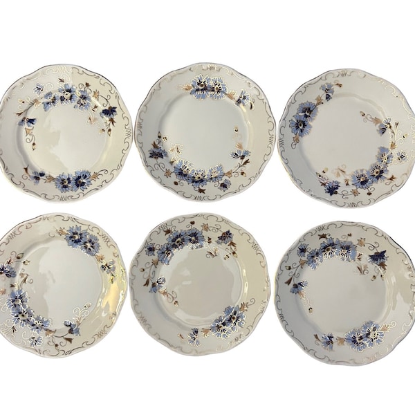 Conjunto vintage de seis Zsolnay de Pecs, platos de postre de porcelana pintados a mano de Hungría