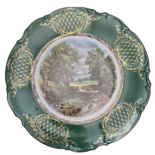 1920s to 1930s Hutschenreuther of Bavaria, Germany landscape plate in green and gold in the Sylvia shape