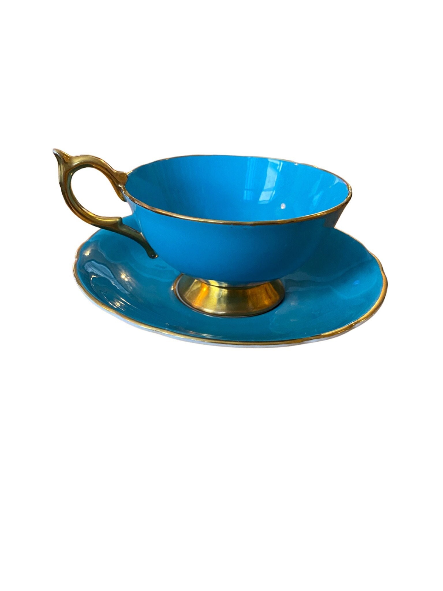 Aynsley Teal Blue and Gold Teacup and Saucer please Read Description