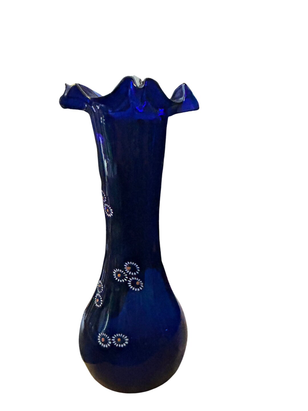 Vintage Cobalt Glass Vase With Ruffled Top and Hand Painted Daisies Etsy