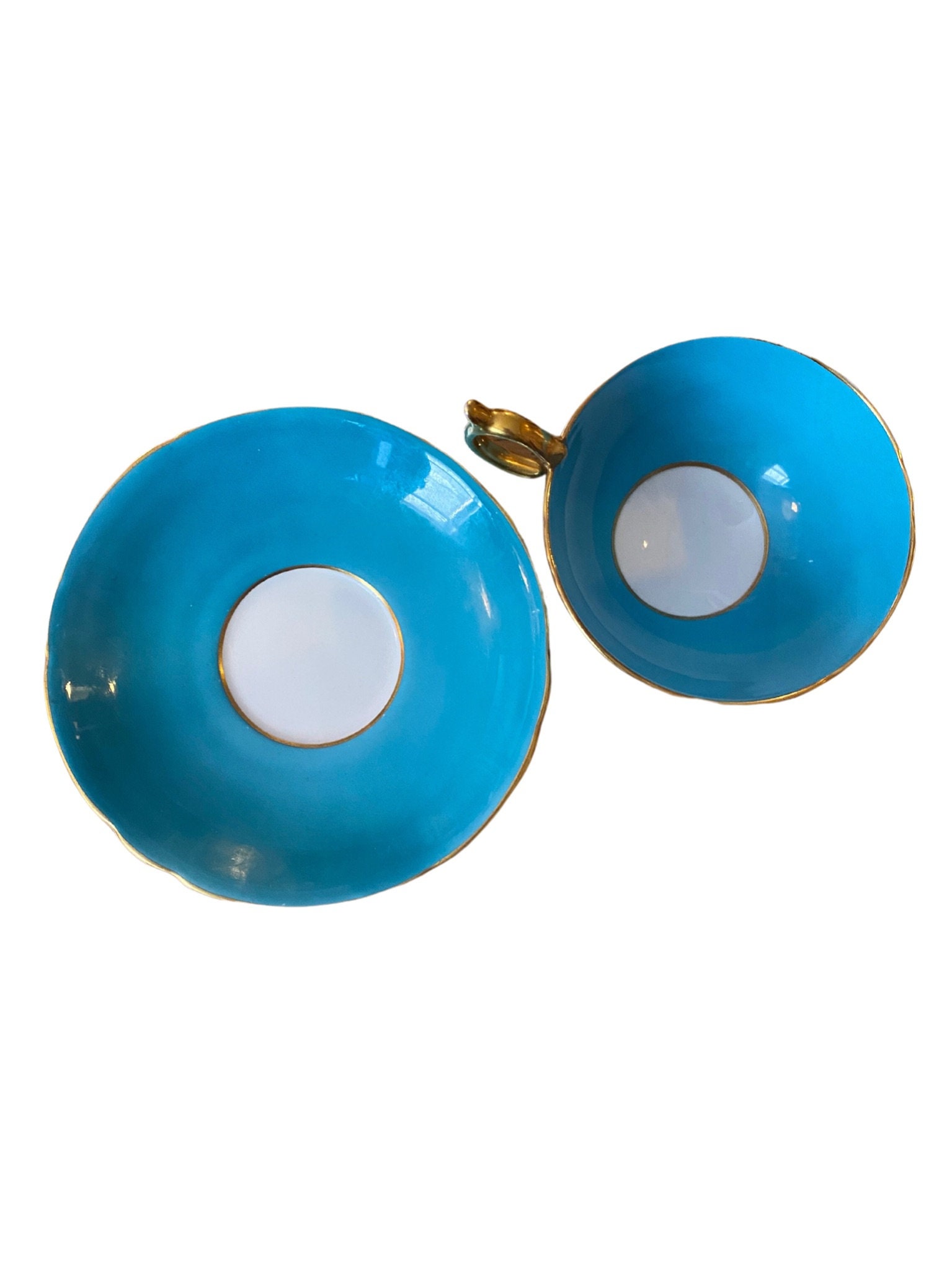 Aynsley Teal Blue and Gold Teacup and Saucer please Read Description