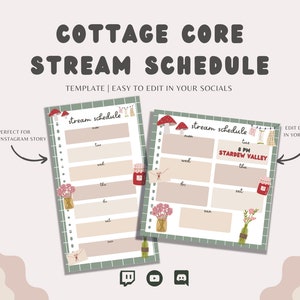 May include: A printable cottagecore themed stream schedule template with a green and white checkered background. The template has two sections, one for each week, with days of the week listed and space to write in stream times and topics. The template features cute illustrations of mushrooms, flowers, and jars.