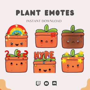 Könnte beinhalten: Satz von sechs digitalen Pflanzen-Emojis mit verschiedenen Ausdrücken, darunter glücklich, wütend, traurig, verwirrt, Hype und Glitzer. Die Emojis sind im Cartoon-Stil mit einer niedlichen, freundlichen Ästhetik gestaltet.