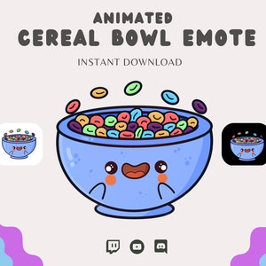 Op de afbeelding: Geanimeerde emoji van een blauwe kom met een vrolijk gezicht, gevuld met kleurrijk ontbijt en ontbijtgranen die uit de kom vliegen.