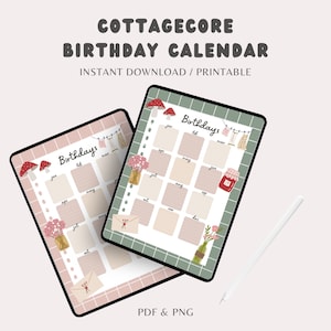 Cottagecore tracker urodzinowy, kalendarz urodzinowy, planer urodzinowy cyfrowe notatki do druku