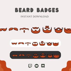 Pode incluir: Um conjunto de emblemas de barba digitais em vários estilos, incluindo bigodes, cavanhaques e barbas completas. Os emblemas são de cor marrom-avermelhada e estão dispostos em filas sobre um fundo branco. O texto "BEARD BADGES" e "INSTANT DOWNLOAD" é exibido acima dos emblemas.