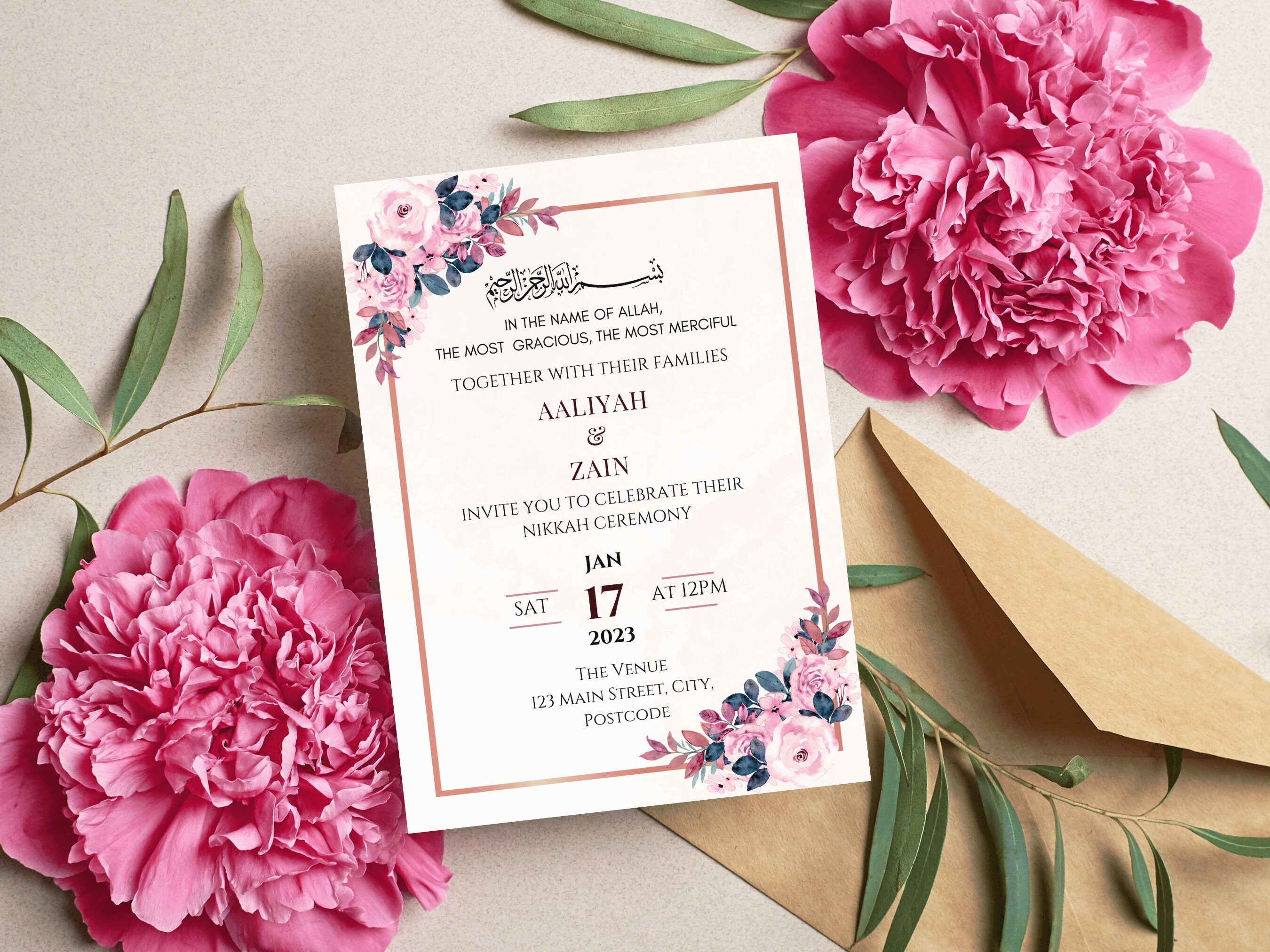 Editable Nikkah Wedding Invitation Floral Frame Islamic 