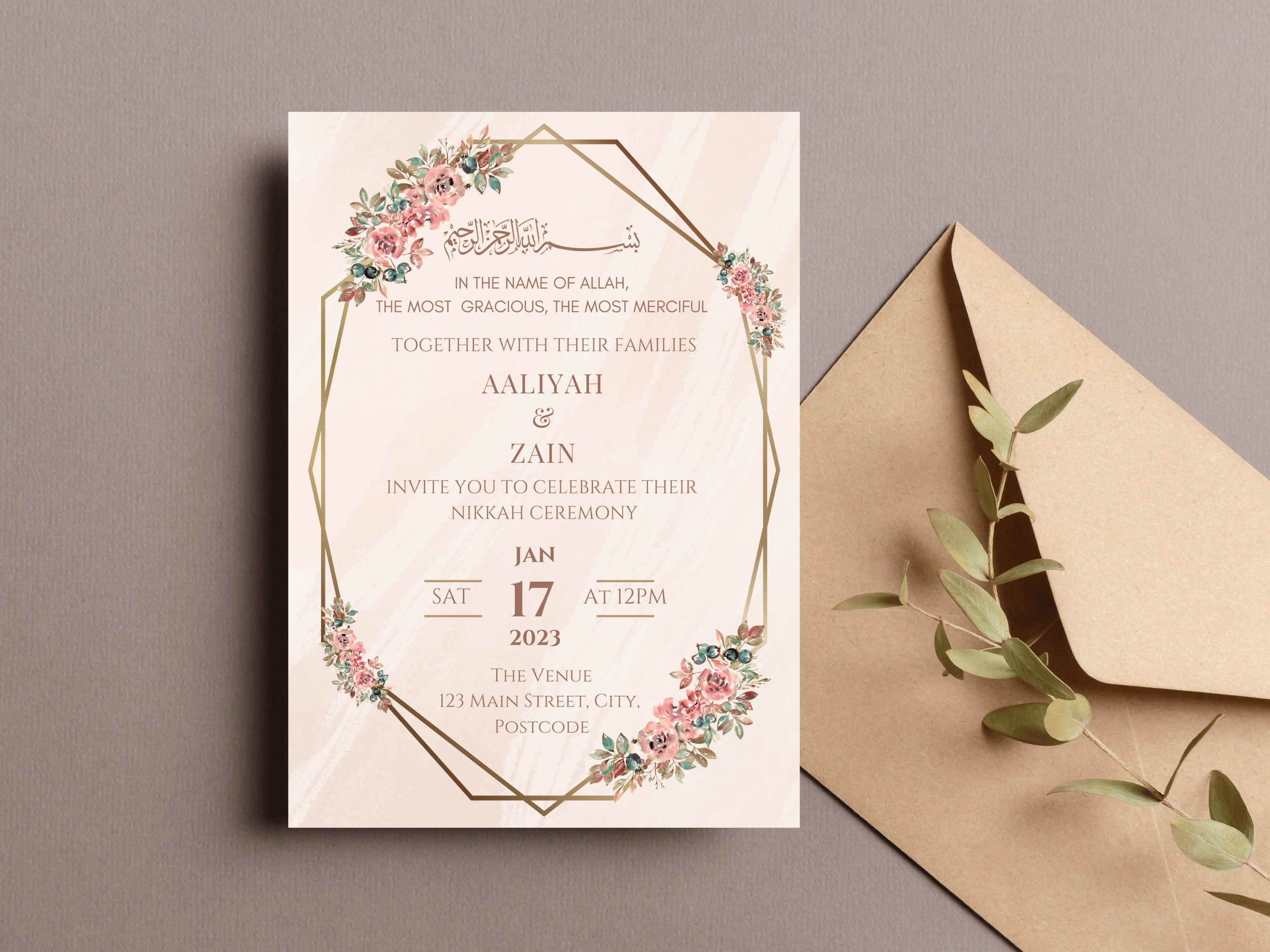 Editable Nikkah Wedding Invitation Floral Frame Islamic 