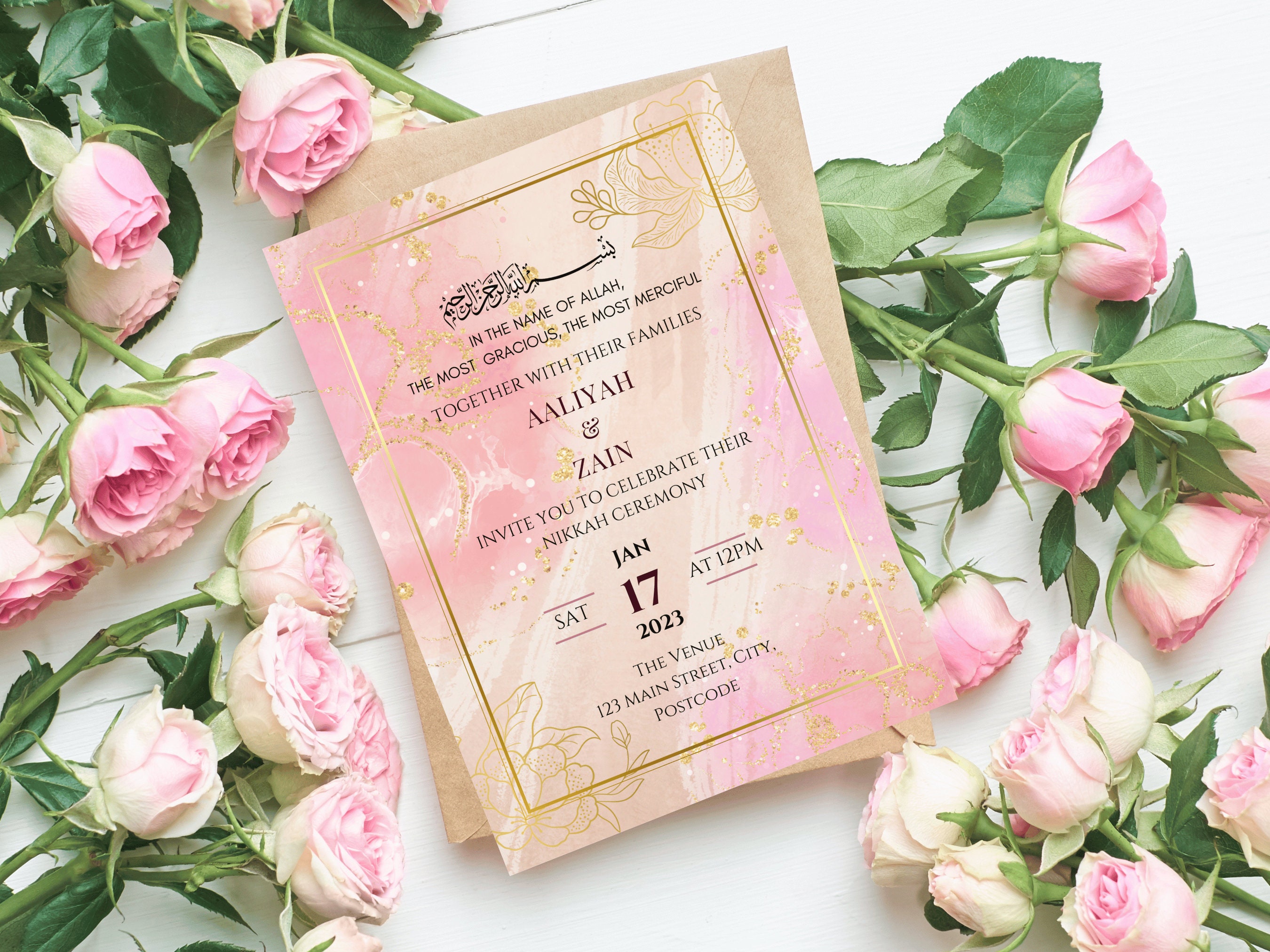 Editable Nikkah Wedding Invitation Floral Frame Islamic 