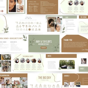 May include: A wedding planning presentation featuring a green and brown colour scheme. The presentation includes a timeline, walking order, bridal shower and hen party details, the bridal party, hair and makeup details, the venue, and a thank you note. The presentation also includes a photo inspiration section with images of a bride and groom, a wedding ceremony, and a wedding reception.