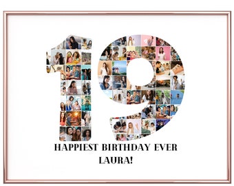 Custom 19th Birthday Photo Collage | Personalized 19th Picture Collage Template | Editable Number Collage Birthday Gift | Digital DIY