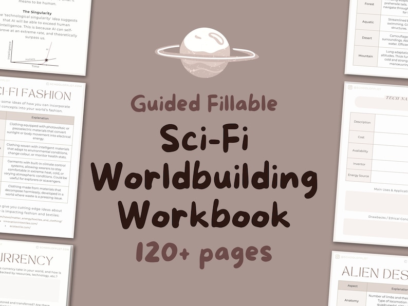 May include: A digital workbook with a brown background and a planet with rings in the upper left corner. The title is "Guided Fillable Sci-Fi Worldbuilding Workbook 120+ pages". The workbook is designed to help users create their own science fiction worlds.