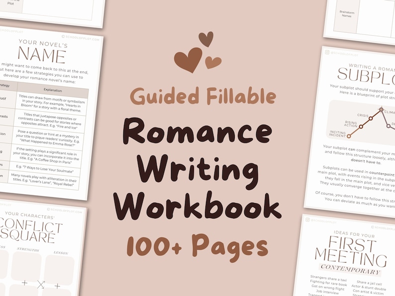 以下が含まれることがあります： ピンクとブラウンのワークブックで、タイトルは「Guided Fillable Romance Writing Workbook 100+ Pages」と黒文字で書かれています。このワークブックは、作家が恋愛小説を開発するのを支援するために設計されています。