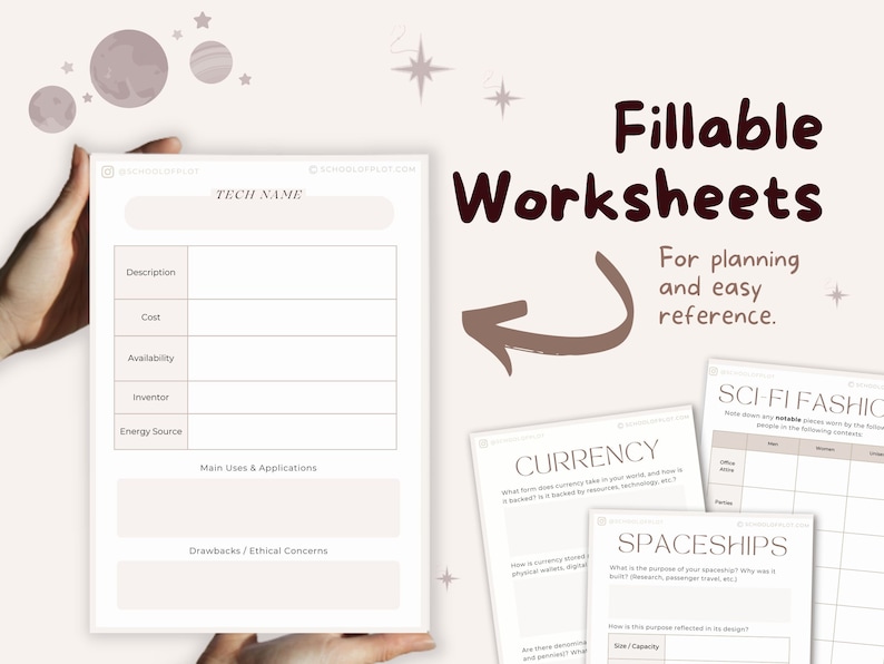 May include: Printable worksheets for planning and easy reference. The worksheets are designed for sci-fi world building and include sections for tech, currency, and spaceships.