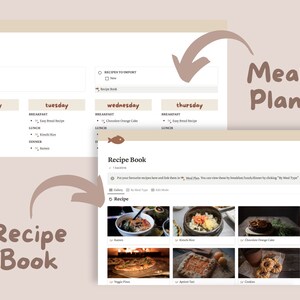 May include: A screenshot of a meal planning website with a section for a shopping list, recipes to import, and a meal plan for each day of the week. The website also includes a recipe book with images of different dishes.