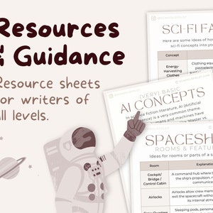 May include: A colorful illustration of a spacesuit with a planet and stars in the background. The illustration is accompanied by text that reads "Resources & Guidance" and "Resource sheets for writers of all levels."