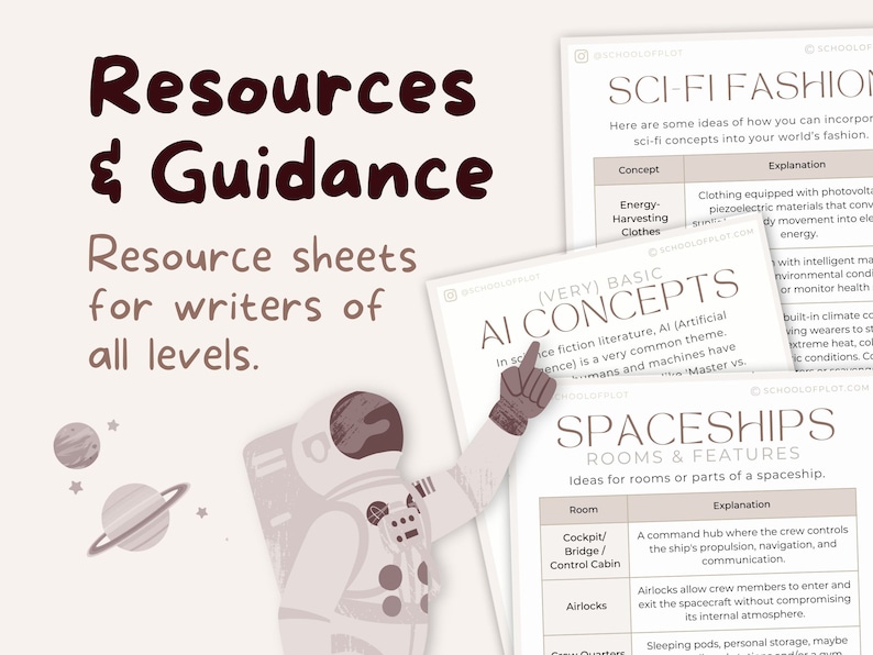 May include: A colorful illustration of a spacesuit with a planet and stars in the background. The illustration is accompanied by text that reads "Resources & Guidance" and "Resource sheets for writers of all levels."
