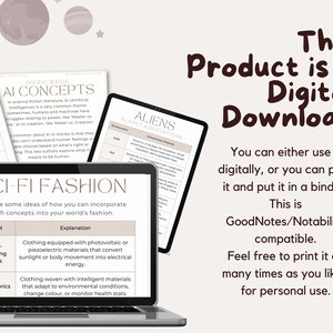 May include: A digital download of printable worksheets for worldbuilding. The worksheets are titled "AI Concepts" and "Sci-Fi Fashion". The worksheets are designed to help writers and creators develop their worlds and characters.