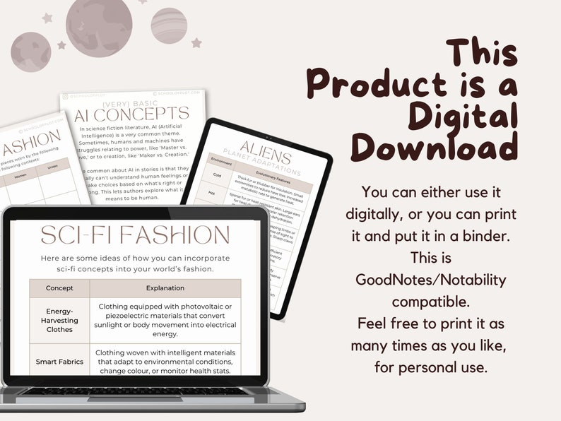 May include: A digital download of printable worksheets for worldbuilding. The worksheets are titled "AI Concepts" and "Sci-Fi Fashion". The worksheets are designed to help writers and creators develop their worlds and characters.