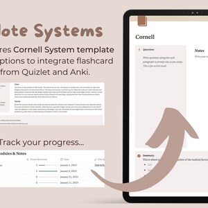 May include: A digital tablet screen displaying a Cornell note-taking system template with a section for questions, notes, and a summary. The template includes a progress tracker for course modules and notes, with a table showing lesson titles, times reviewed, dates, and a "how to be" section.