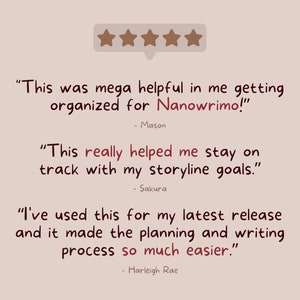 May include: Five star rating with three customer testimonials. The first testimonial says "This was mega helpful in me getting organized for Nanowrimo!" - Mason. The second testimonial says "This really helped me stay on track with my storyline goals." - Sakura. The third testimonial says "I've used this for my latest release and it made the planning and writing process so much easier." - Harleigh Rae.