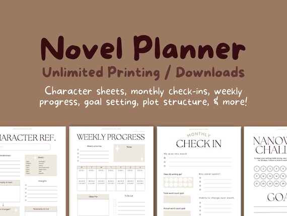 Novel Writing Planner: Character Sheets, Plot Tracker (Printable Digital Download)