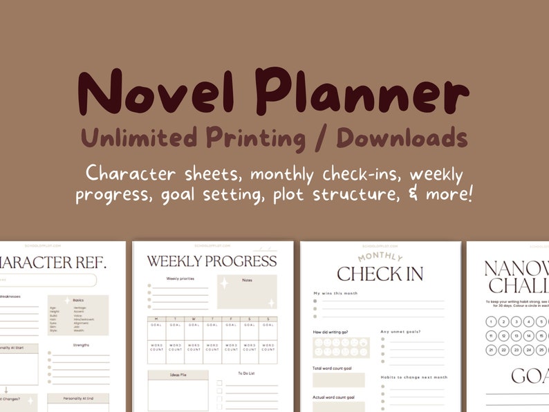 May include: A printable novel planner with character sheets, monthly check-ins, weekly progress, goal setting, plot structure, and more. The planner is designed in a minimalist style with black text on a white background.